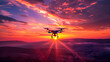 Drone Silhouette Flying Against Vibrant Sunset Sky