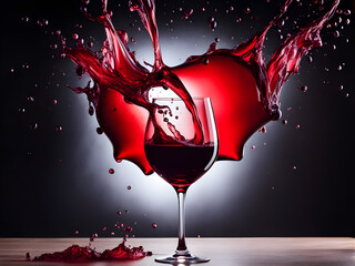 Delicious red wine in wine glass explosion with black background