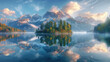 © Image Innovate - A serene mountain lake with towering peaks, reflecting the sky and surrounding forests in crisp detail. Created with Ai