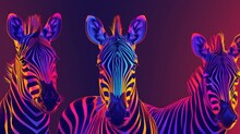   A Pair Of Zebras Adjacent On A Purple And Pink Backdrop, With A Red And Blue Background Overlapping In The Distance