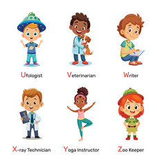 Children as Professionals, educational vector cartoon illustration. Cheerful Kids in Geologist, Historian, and IT Product Manager attire, inspiring future careers. Alphabet part 3.