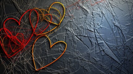   Two red and yellow hearts atop a gray background, delineated by heart-shaped lines