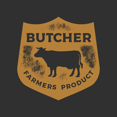 Wall Mural - Hand drawing of Cow meat in retro engraving style. Butcher in graphic vintage style. Vector logo template.