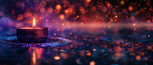 Lighted Candle On Colored Background With Colorful Bokeh Lights