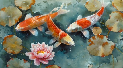 Wall Mural - A painting of three fish swimming in a pond with lotus flowers, AI