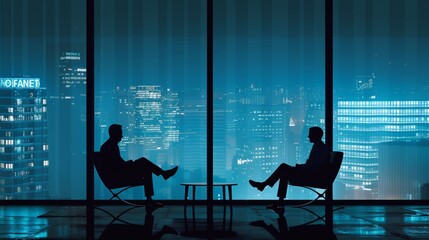 Wall Mural - Two men sitting in chairs at a table with city lights behind them, AI