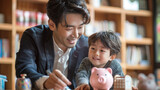 Fototapeta Uliczki - Father teaches child to save money using piggy bank, illustrating financial education. Financial literacy for children.