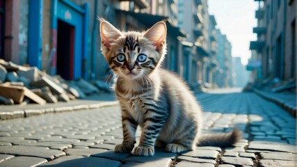 Wall Mural - A magical blue cat on ancient ruins