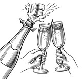 Fototapeta Tematy - champagne cheers drawing. Hands toasting with wine glasses with drinks.