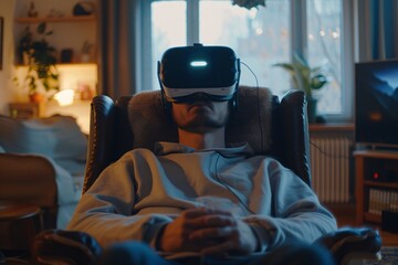 A man is seated in a chair, wearing a virtual headset