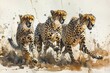 Cheetahs sprinting in savannah, speed and focus concept, watercolor painting style.