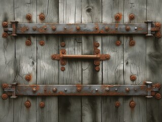 Two rusty metal hinges on a wooden door. The hinges are old and worn, with many rust spots and holes. The door appears to be a bit of a mess, with the hinges barely holding it together