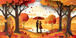 Paper art style of autumn landscape with a cute couple in love holding an umbrella in a park.