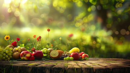 Farm wood nature field fruit table product grass garden background stand green food. Nature wood landscape morning farm outdoor sky podium forest stump beauty sun scene platform view beautiful trunk