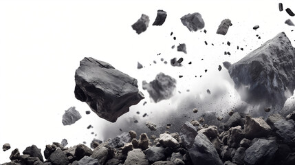 Rock stone white background fall black falling space isolated splash dust mountain cliff flying. Earth stone boulder texture rock abstract broken powder white dirt blast float burst fantasy surface