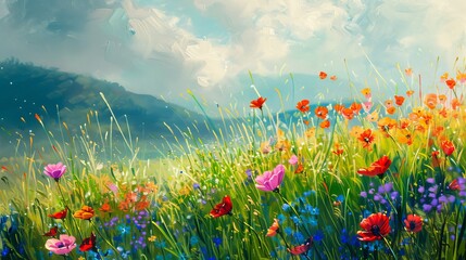 Poster - Flowers in the fields. Spring flowers seasonal nature background. Meadows flowers in green blue background.