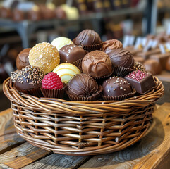 Wall Mural - A basket of chocolates on a wooden table