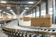 A box is sitting on a conveyor belt in a factory