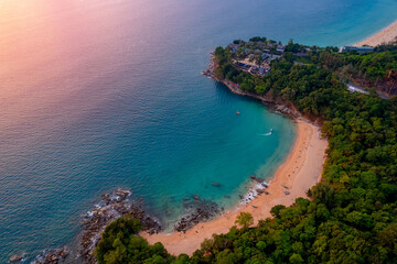 Wall Mural - Aerial top view panorama sunset Laem Sing beach with sea of Phuket paradise. Concept tropical travel photo Surin, Thailand