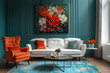Modern living room with green walls, flower poster on wall, white sofa, orange chair and table. Created with Ai