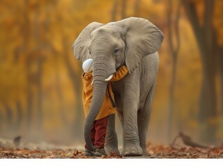 Poster - A child is hugging an elephant. The elephant is standing in a forest. Scene is warm and friendly