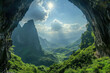 A stunning photograph of the sun shining through the entrance to Wumeng Mountain's cave, with green mountains and lush vegetation visible outside. Created with Ai