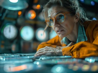 A woman in a lab coat is looking at a computer screen with a clock on it. She is wearing glasses and she is focused on the screen