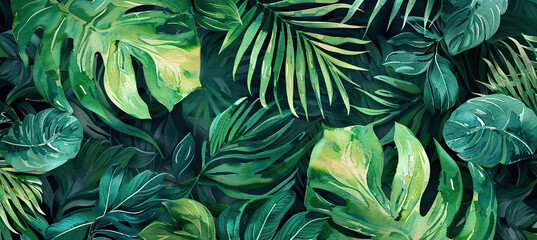 Wall Mural - Watercolor Tropical leaves background