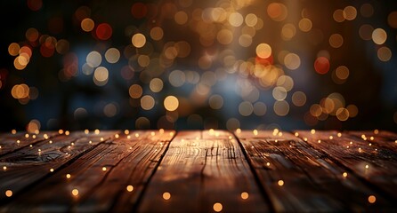 Canvas Print - a wooden table with a blurry background of lights