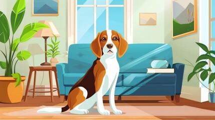 Wall Mural - Portrait of beagle dog in living room. Comic style illustration.