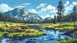 Beautiful scenic view of yellowstone national park in the United states of America. Colorful comic style painting illustration.
