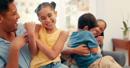 Sticker - Tickling, playful and a family on a home sofa for fun, playing and parents bonding with children. Laughing, happy and a mother, father and cute kids with a game together on the living room couch