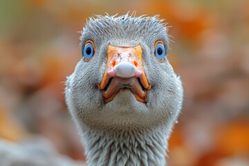 close-up view of a curious goose with vibrant blue eyes and striking orange beak in a natural settin