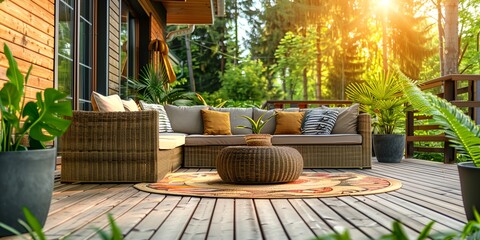 Wall Mural - Cozy outdoor patio with modern wooden terrace, comfortable and inviting space to relax and enjoy the outdoors.