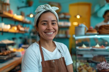 Wall Mural - Smiling portrait of a woman working in dessert shop