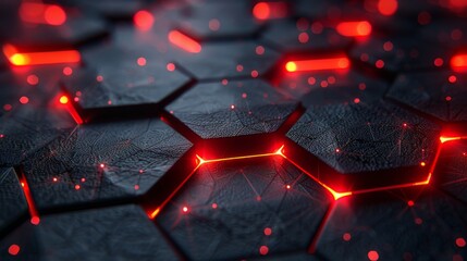 Wall Mural - A black and red polygon with red glow lines on a dark steel mesh background with free space for design. Modern technology innovation concept background...