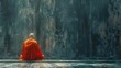 A serene vivid capture of a monk in meditation the textures of his robe and surroundings highlighted by side light