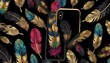 A close-up of a colorful feather pattern on a cell phone case with a black background and a gold frame around the edges of the feathers is a multicolored pattern of different colors