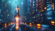 A sleek, futuristic Bitcoin rocket navigating through a 3D digital grid, highlighting innovation and cryptocurrency growth