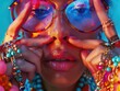 Vibrant Fashion Model with Stylish Colored Sunglasses and Jewels