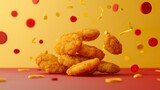 Fototapeta Perspektywa 3d - A juicy chicken nugget at the focal point on a vibrant red and yellow poster design background. Golden fried chicken nuggets in a setting that awakens your appetite.