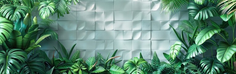 Wall Mural - Geometric Floral Tropical Leaves on White and Green Tiles Wall Texture Background - Banner Illustration