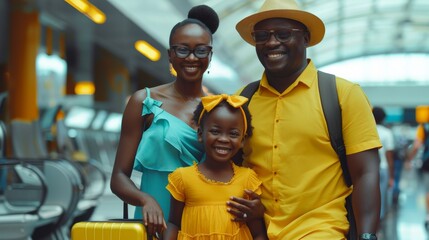 Poster - A family of three people standing together with a yellow suitcase, AI