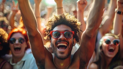 Wall Mural - A man with sunglasses and a red shirt raising his hands in the air, AI