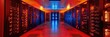Orange glowing data centre hallway server room high tech digital technology background