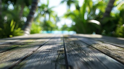 Sticker - A close up of a wooden deck with palm trees in the background, AI