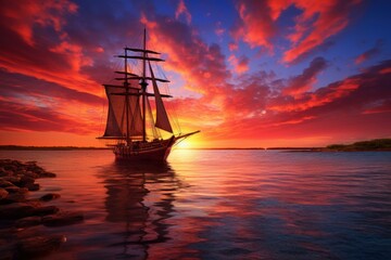 Vibrant Sailboat sea sunset view. Tourism vacation. Generate Ai