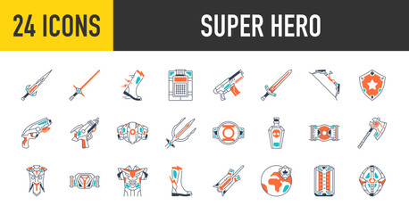 Super hero icon set. Such as as gun, weapon, sword, radioactive, medieval, mace, game assets, bow, shield, ring, blaster, boots, armor icons vector illustration.