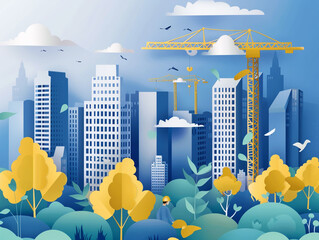 Wall Mural - City development papercut illustration art style. Development is underway
