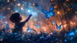 A child is holding a glowing object in front of a field of butterflies. The scene is whimsical and magical, with the child's hand reaching out to the butterflies